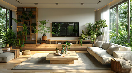 White living room interior with sofa and armchair, shelf with art decoration, carpet on hardwood floor. Panoramic window on tropics. Mockup copy space