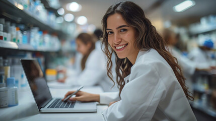 Happy pharmacist using laptop while her colleagues is taking notes in pharmacy.