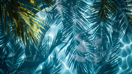 Shadow of palm leaves on blue water - obrazy, fototapety, plakaty