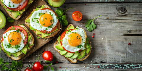 healthy breakfast toast with egg Fried Eggs on a plate wooden background avocado on a wooden cutting board