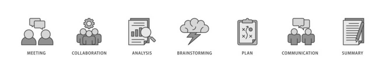 Brief icons set collection illustration of meeting, collaboration, analysis, brainstorming, plan, communication, and summary icon live stroke and easy to edit 