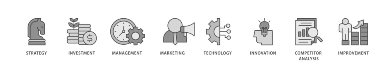 Business development icons set collection illustration of strategy, investment, management, marketing, technology, innovation icon live stroke and easy to edit 