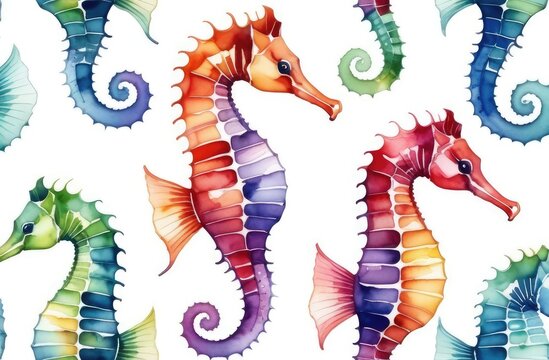 seahorses on white background, detailed watercolor hand-drawn pattern illustration. ocean wildlife.