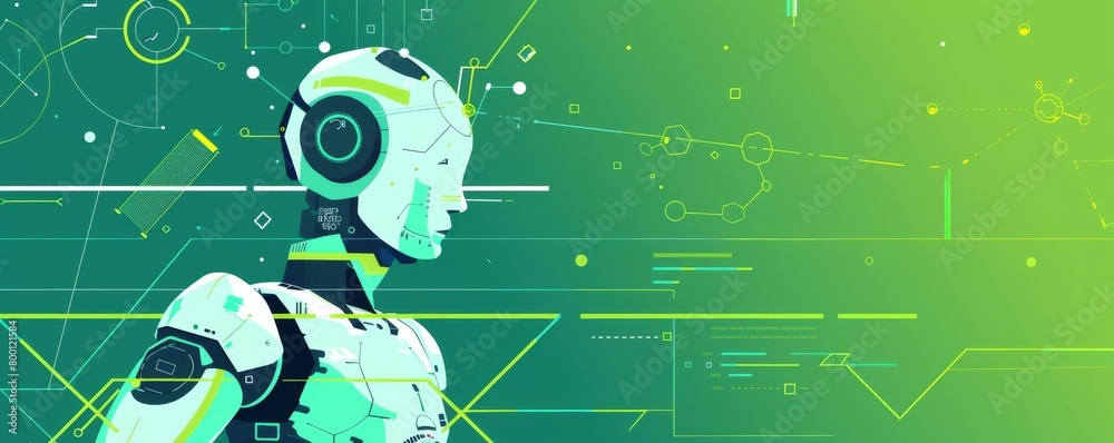 Poster futuristic and energy-efficient robot showcasing advanced technology in a dynamic digital environmen