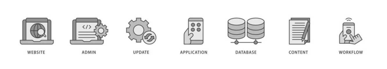 CMS icons set collection illustration of workflow, application, content, database, update, admin, website icon live stroke and easy to edit 