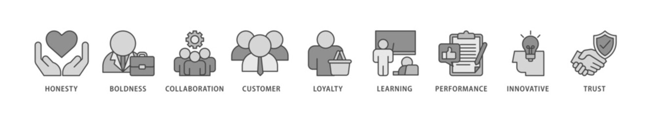 Company values icons set collection illustration of honesty, boldness, collaboration, customer loyalty, learning, performance, innovative, trust icon live stroke and easy to edit 