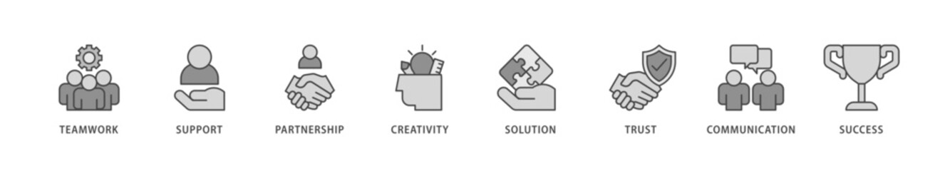 Collaboration icons set collection illustration of teamwork, support, partnership, creativity, solution, trust, communication, success icon live stroke and easy to edit 