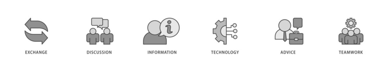 Communication icons set collection illustration of exchange, discussion, information, technology, advice, and teamwork icon live stroke and easy to edit 
