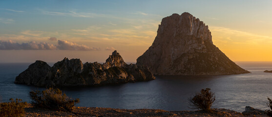 Panoramic view of Es Vedra and Es Vendrell islands from Es Vedra mirador cliff, Sant Josep de Sa...