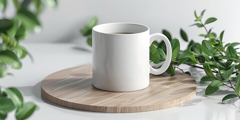 A wooden pedestal with a white setting and lush leafy green branches encompassing a white blank artistic cup lovely sun shine and space, Generative AI.