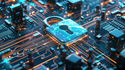 Enhancing Cyber Security: Digital Lock Symbol on Circuit Board Background