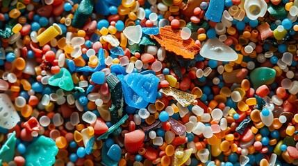 This image shows a bunch of colorful plastic pellets. These pellets are used to make plastic products, such as toys, bottles, and bags, and are often made from recycled plastic.