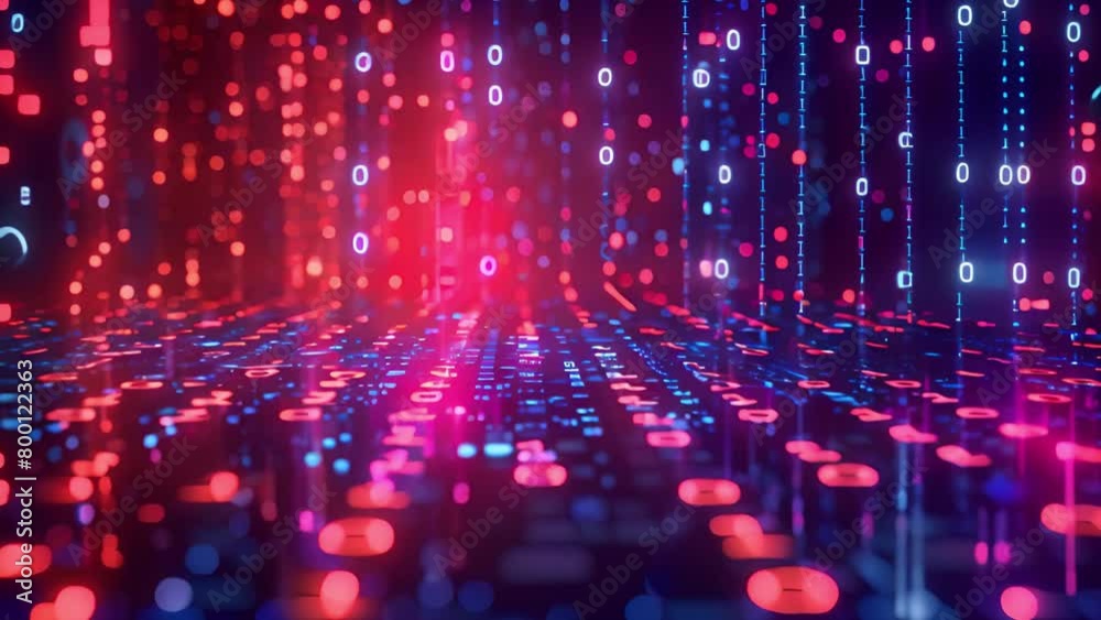 Poster digital binary code stream flowing through a virtual tunnel at night