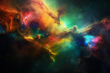 A colorful nebula in space, stars glowing around it