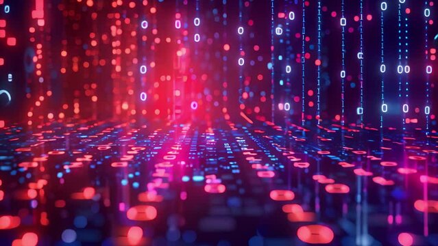 Digital Binary Code Stream Flowing Through a Virtual Tunnel at Night