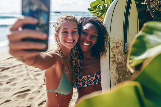 Two women are smiling and taking a selfie on a beach. One of them is holding a surfboard