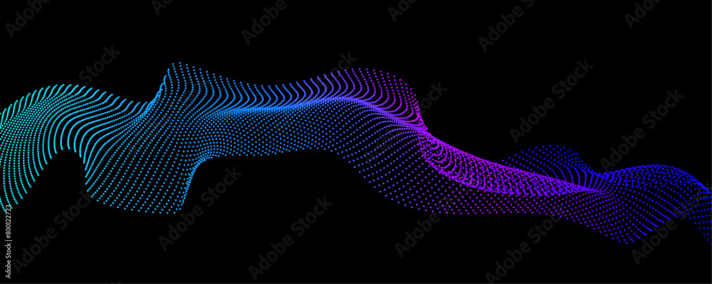 Aufkleber Abstract 3d wave lines, flowing dots particles pattern colorful light isolated on a black background. Technology abstract background.