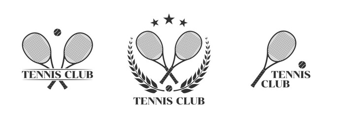 Tennis club logo, icon or badge set with crossed rackets and tennis ball. Sport symbol design. Vector illustration.