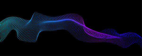 Abstract 3d wave lines, flowing dots particles pattern colorful light isolated on a black background. Technology abstract background.