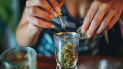 Obraz premium Hands working on dried cannabis buds on table for entertainment usage