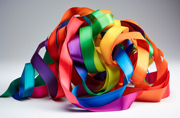 a vibrant mix of intertwined, colorful satin ribbons, creating a visually complex and appealing display