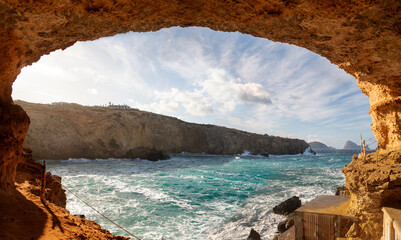 Panoramic view of Sa Figuera cave near cala Comte beach, Sant Josep de Sa Talaia, Ibiza, Balearic...