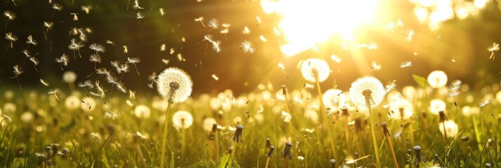 Spring field with dandelion and pollen flying in air in allergic season.