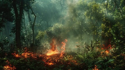 a fire burning in the middle of a dense forest
