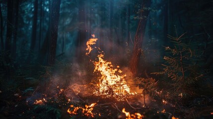 a fire burning in the middle of a dense forest