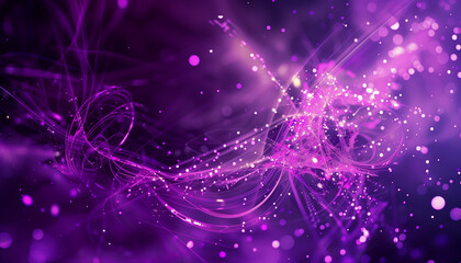 abstract background, twists and turns of light purple lines and white particles on a dark purple background, wide 16:9