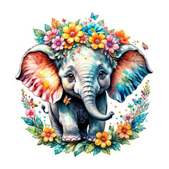 Obraz premium Elephant Sticker Colorful Elephant Bliss A Bouquet of Joy Surrounds the Cartoon Elephant Sticker on Transparent Background, Adorned with Vibrant Flowers and Rainbow Butterflies - Generative AI 