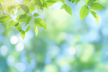 Spring background with blurred green leaves and bokeh light effect, representing a spring nature concept