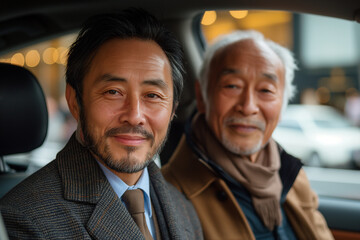 Two Asian men inside a car.