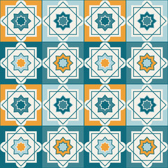 Arabic geometric mosaic printable seamless pattern with abstract Moroccan print in blue and orange colors. Ramadan Kareem Traditional Islamic art Illustration background