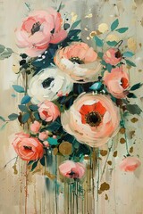 A vase of peonies, ranunculus and anemones oil painting style. ai generated