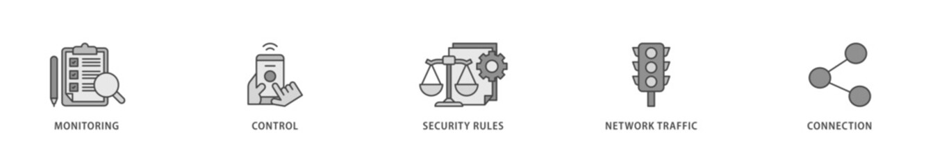 Firewall icons set collection illustration of monitoring, control, security rules, network traffic and connection icon live stroke and easy to edit 