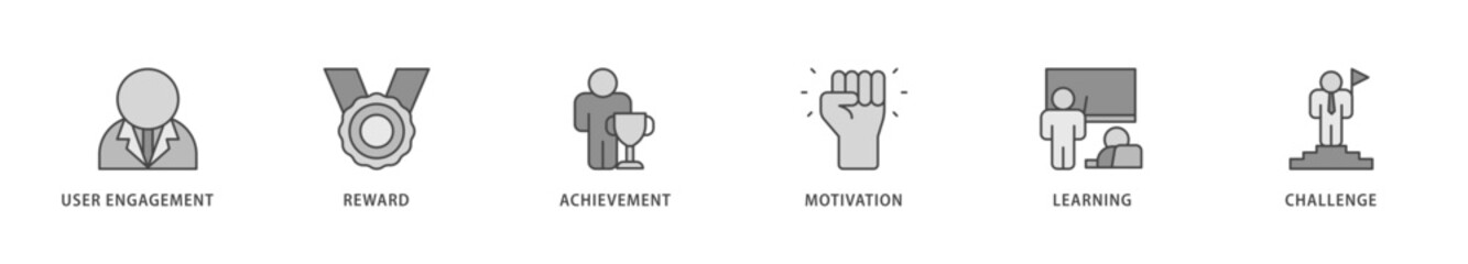 Gamification icons set collection illustration of user engagement, reward, achievement, motivation, learning, and challenge icon live stroke and easy to edit 