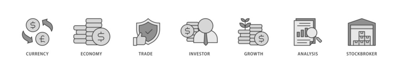 Forex icons set collection illustration of currency, economy, trade, investor, growth, analysis and stockbroker icon live stroke and easy to edit 