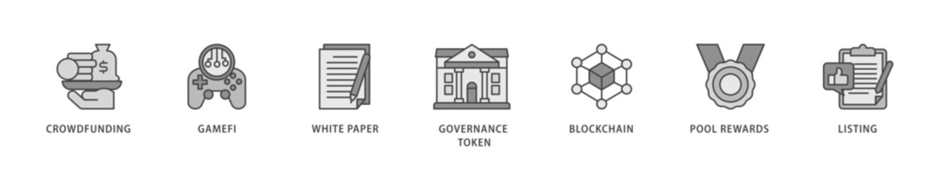 IGO icons set collection illustration of crowdfunding, gamefi, white paper, governance token, blockchain, pool rewards and listing icon live stroke and easy to edit 