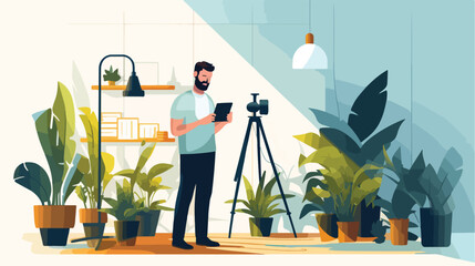 Male photographer talking by phone in studio Vector illustration