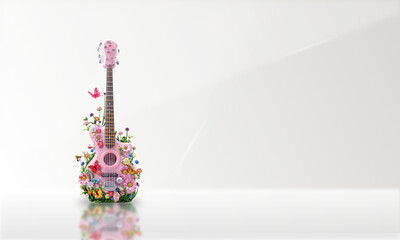 Obraz premium 3d cartoon Pink guitar bass in flower garden and butterflies,copy space background 