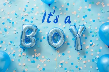pastel blue foil balloons shaped text "It's a BOY" on a pastel blue background with pastel blue confetti for gender reveal or baby shower