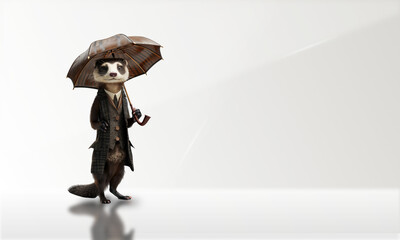 3d cartoon a funny ferret in the image of a gentleman with a pipe and an umbrella,copy space background
