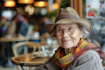 Portrait of a beautiful elderly woman in a cafe. The concept of active old age. Support for the elderly. A happy pensioner. Beautiful natural aging