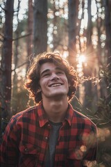 smiling young man wearing flannel shirt in a forest