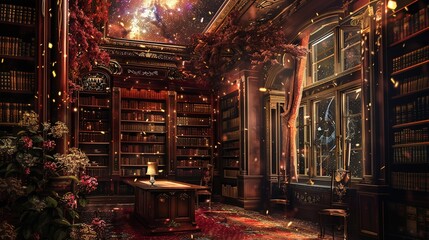 Fantasy Fusion' around an enchanted book in an old library, a style mixing reality and fantasy, in dreamy gold and mysterious burgundy