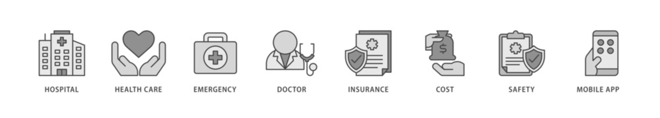 Medical care icons set collection illustration of hospital, health care, emergency, doctor, insurance, cost, safety, mobile app icon live stroke and easy to edit 