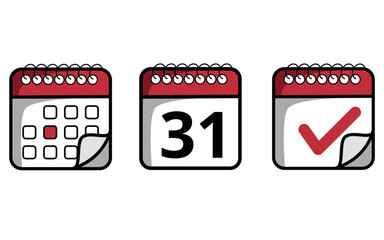 Red calendar icons with folded tip of different models. Calendar icon with specific day marked, day 31.