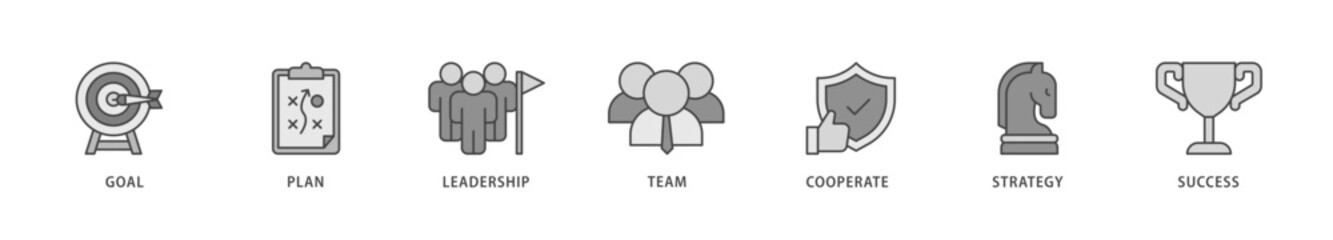 Mission icons set collection illustration of goal, plan, leadership, team, cooperate, strategy and success icon live stroke and easy to edit 