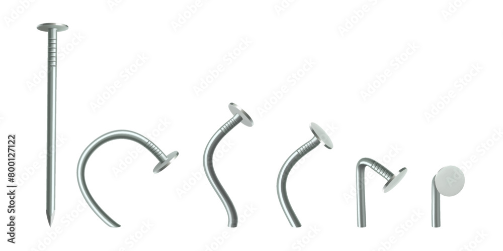 Wall mural straight and bent metal nails isolated on white background. steel and iron curved nail pins and head